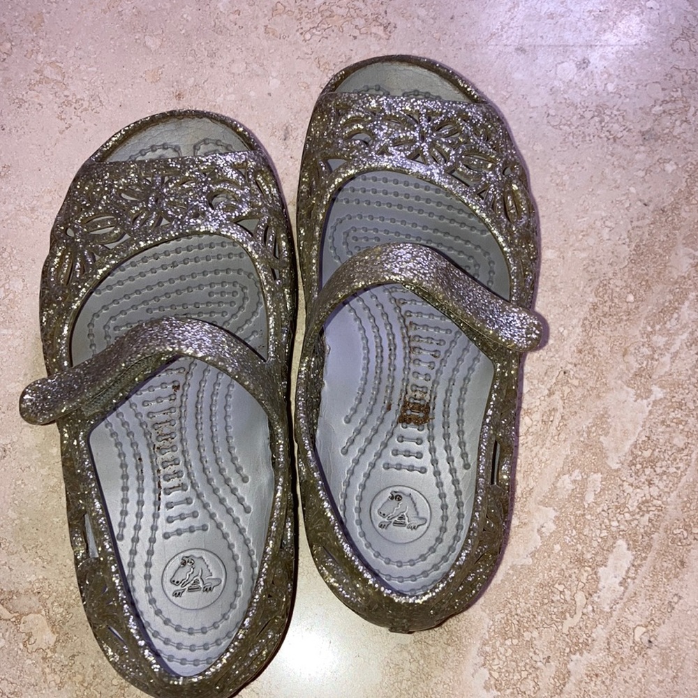 CROCS Girls Gold Glitter Jelly Ballet MaryJanes Flats Open Toe Size C9